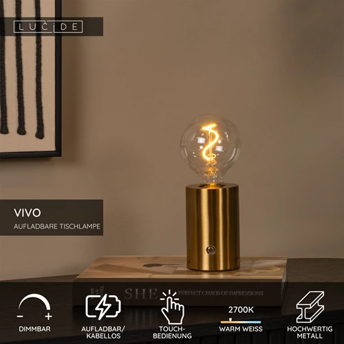 Lucide VIVO - wiederaufladbare Tischlampe - Akku/Batterie - Ø 8 cm - LED Dim. - E27 - 1x1W 2700K - Mattes Gold / Messing - USP